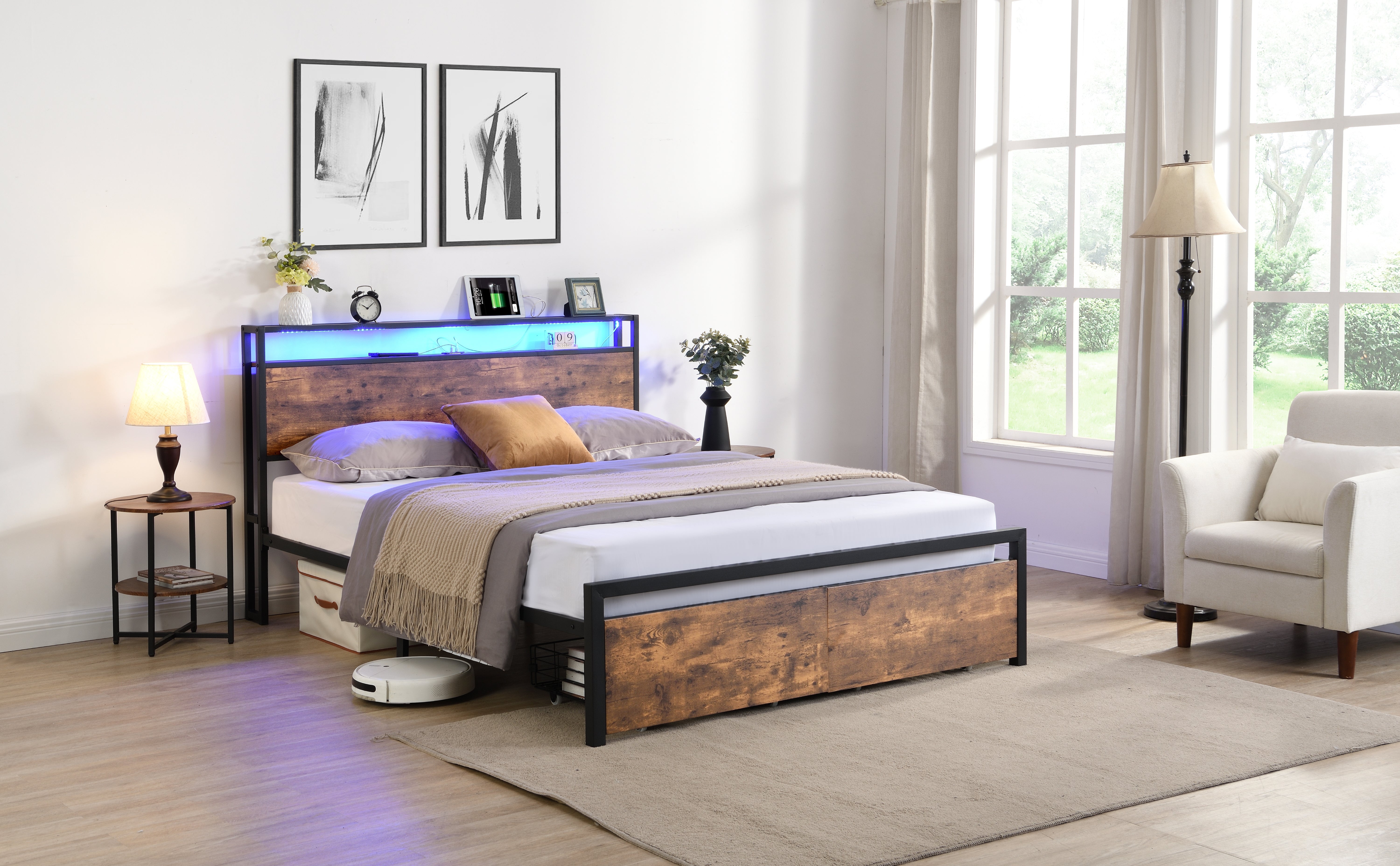 Full-size bed frame with LED headboard, drawers, and charging ports
