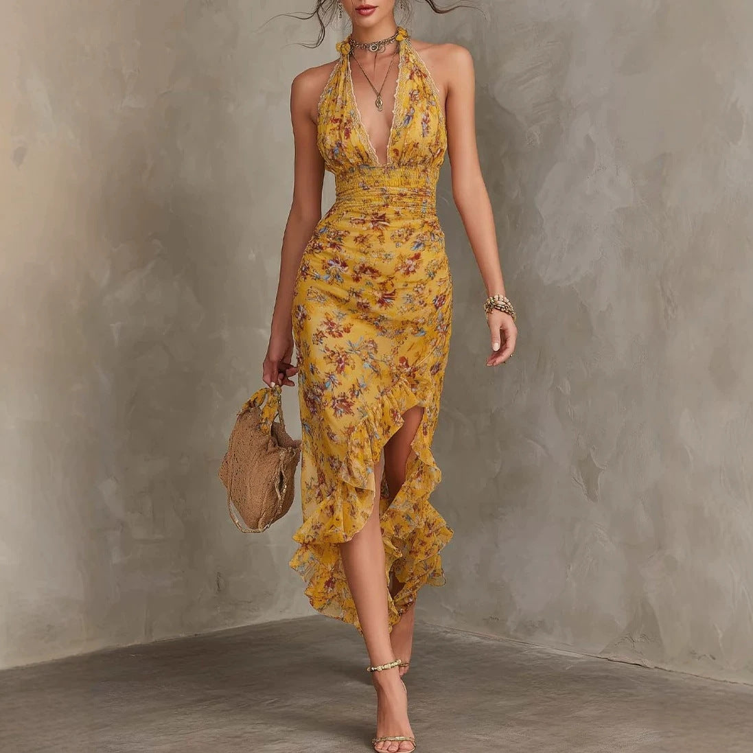 French Vintage Yellow Floral Halter Neck Dress Deep V Waist-Cinching Split Ruffle Slimming Elegant Dress Hot Deal Warehouse