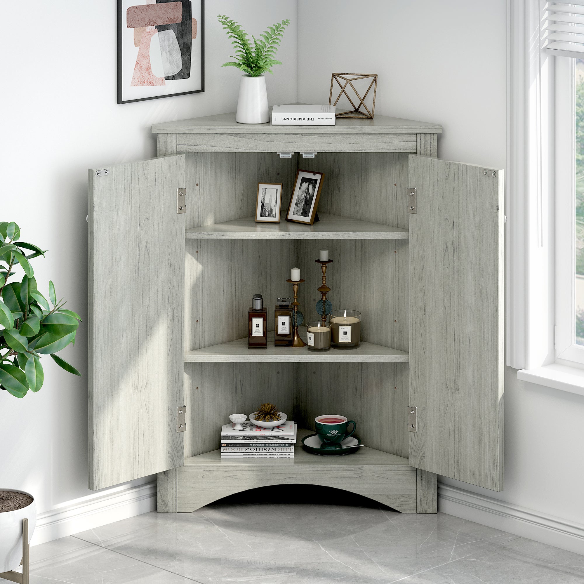 Oak triangle bathroom storage cabinet with a stylish, space-saving design, featuring multiple shelves for organizing toiletries, towels, and other bathroom essentials. Crafted from durable oak wood, this elegant cabinet adds both functionality and natural charm to any bathroom