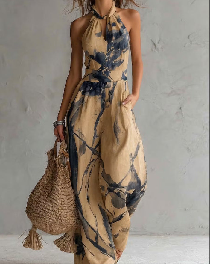 New halter backless jumpsuit, blue and white tie-dye wide-leg pants, summer beach women's wear Hot Deal Warehouse