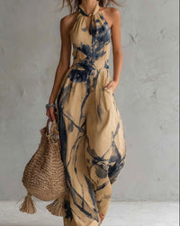 New halter backless jumpsuit, blue and white tie-dye wide-leg pants, summer beach women's wear Hot Deal Warehouse