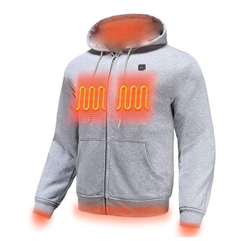 USB heating hoodie with power bank connected for warmth