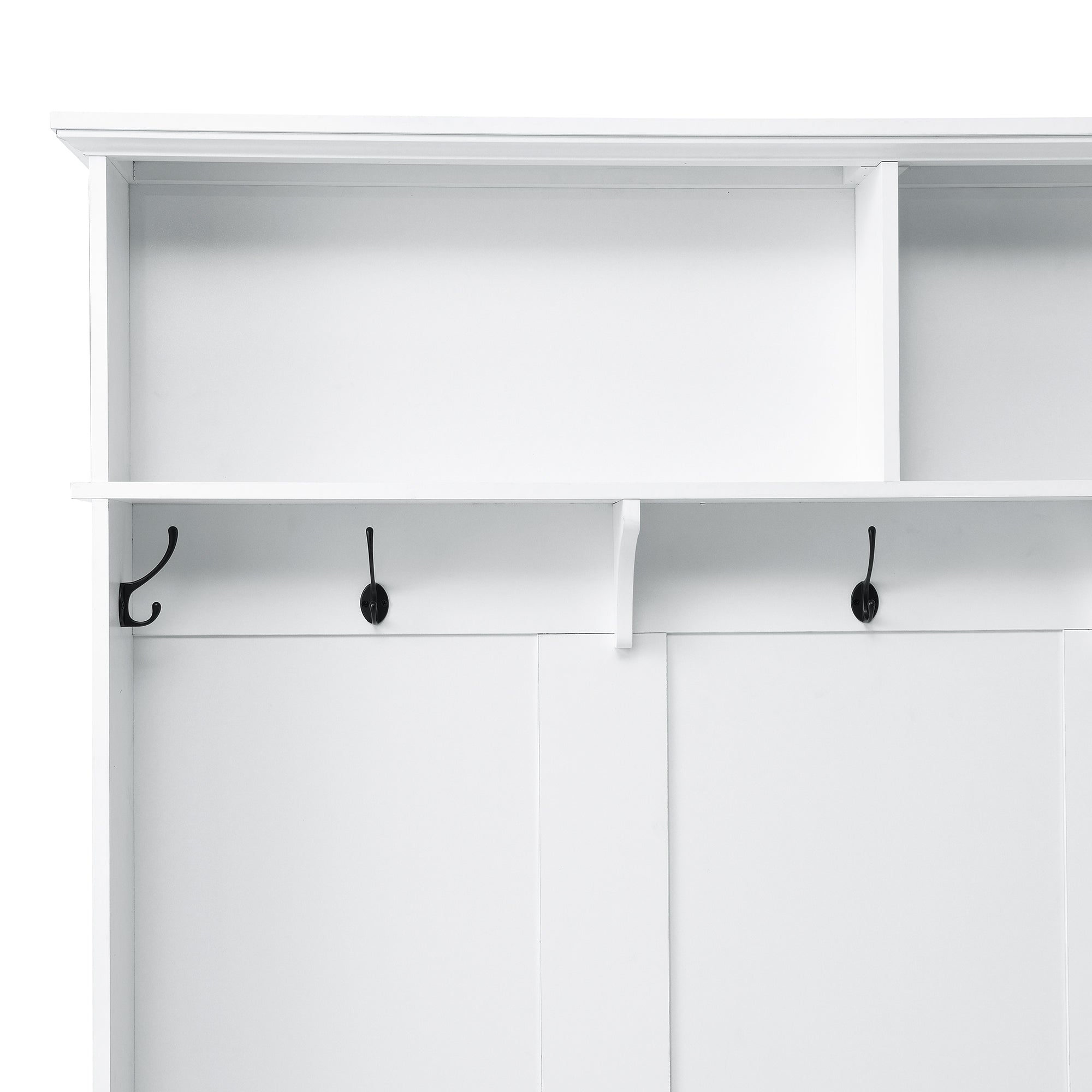 ON-TREND white hall tree with bench, coat hooks, drawers, and cabinet
