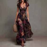 Elegant Deep V-Neck Painted Print Fitted Waist Flowy Chiffon Maxi Dress Hot Deal Warehouse