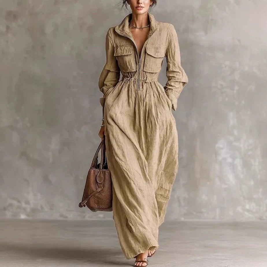 Women's Zipper Collar Elastic Waist Long Dress Hot Deal Warehouse