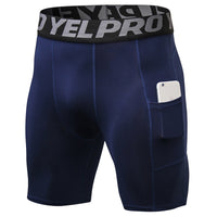 Men’s black PRO gym shorts with built-in compression tights, side pockets, and sweat-wicking fabric


