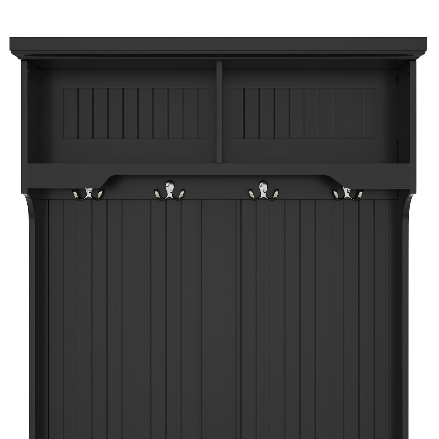 Black 4-in-1 hall tree with storage bench and coat hooks, front view

