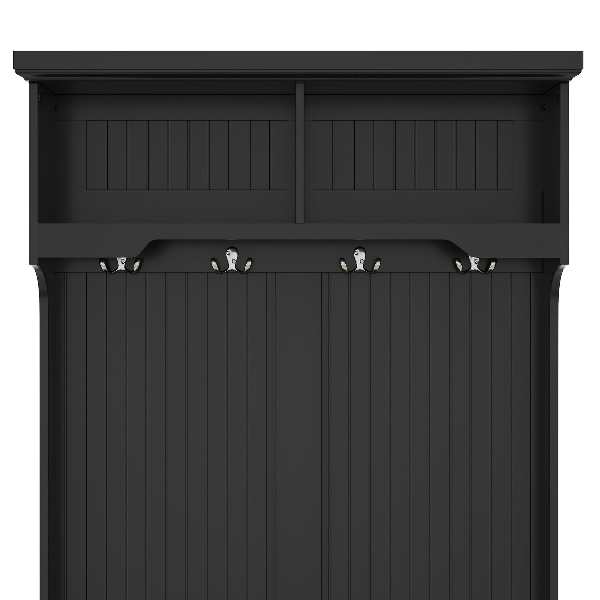 Black 4-in-1 hall tree with storage bench and coat hooks, front view

