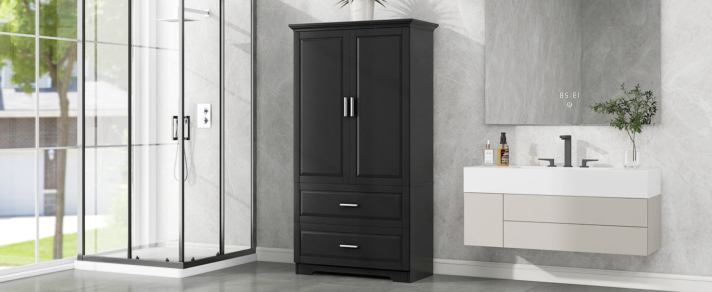 Black MDF tall bathroom storage cabinet with two doors and drawers