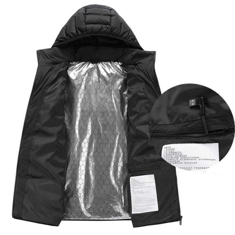 Men's and women's USB heated jacket with hoodie, front view

