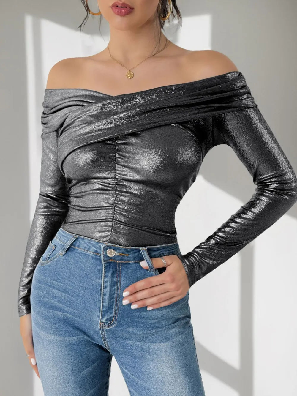 Perfee ruched off-shoulder bodysuit with long sleeves, front view


