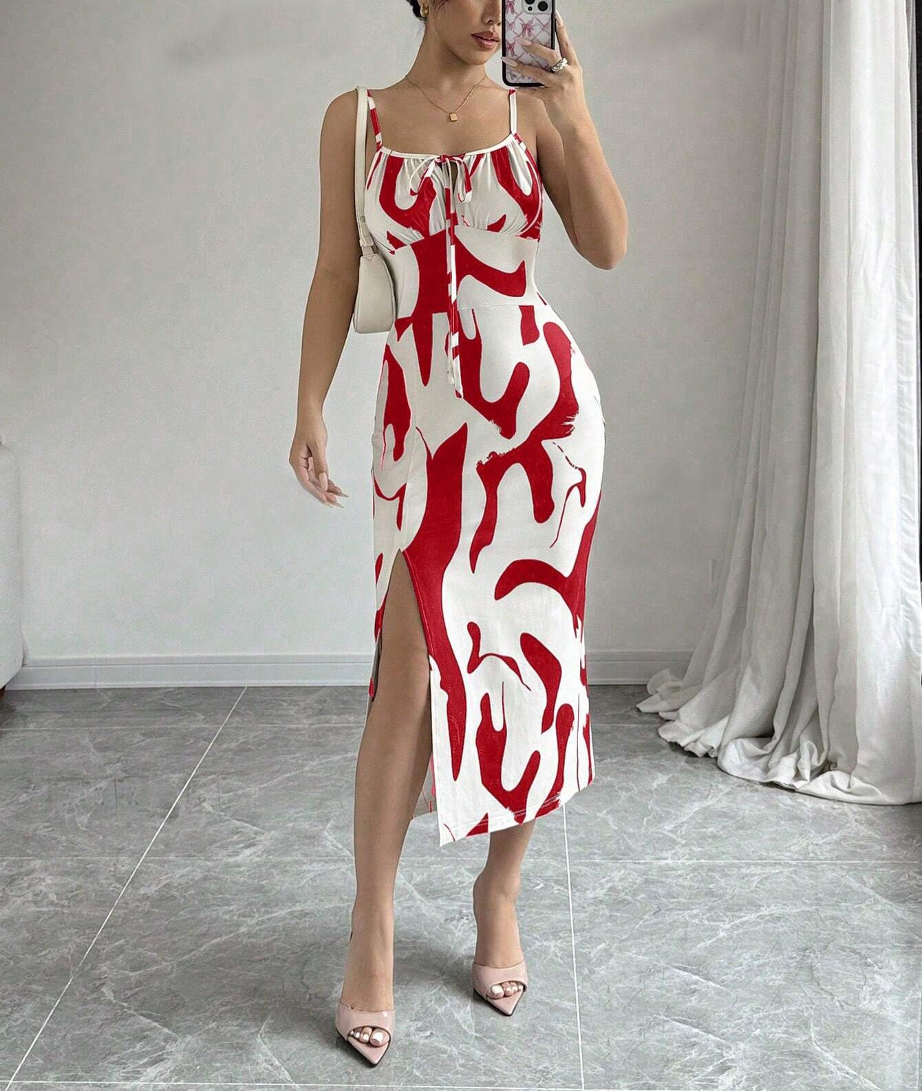 Women's summer printed suspender split dress with lace-up back and slim fit design.

