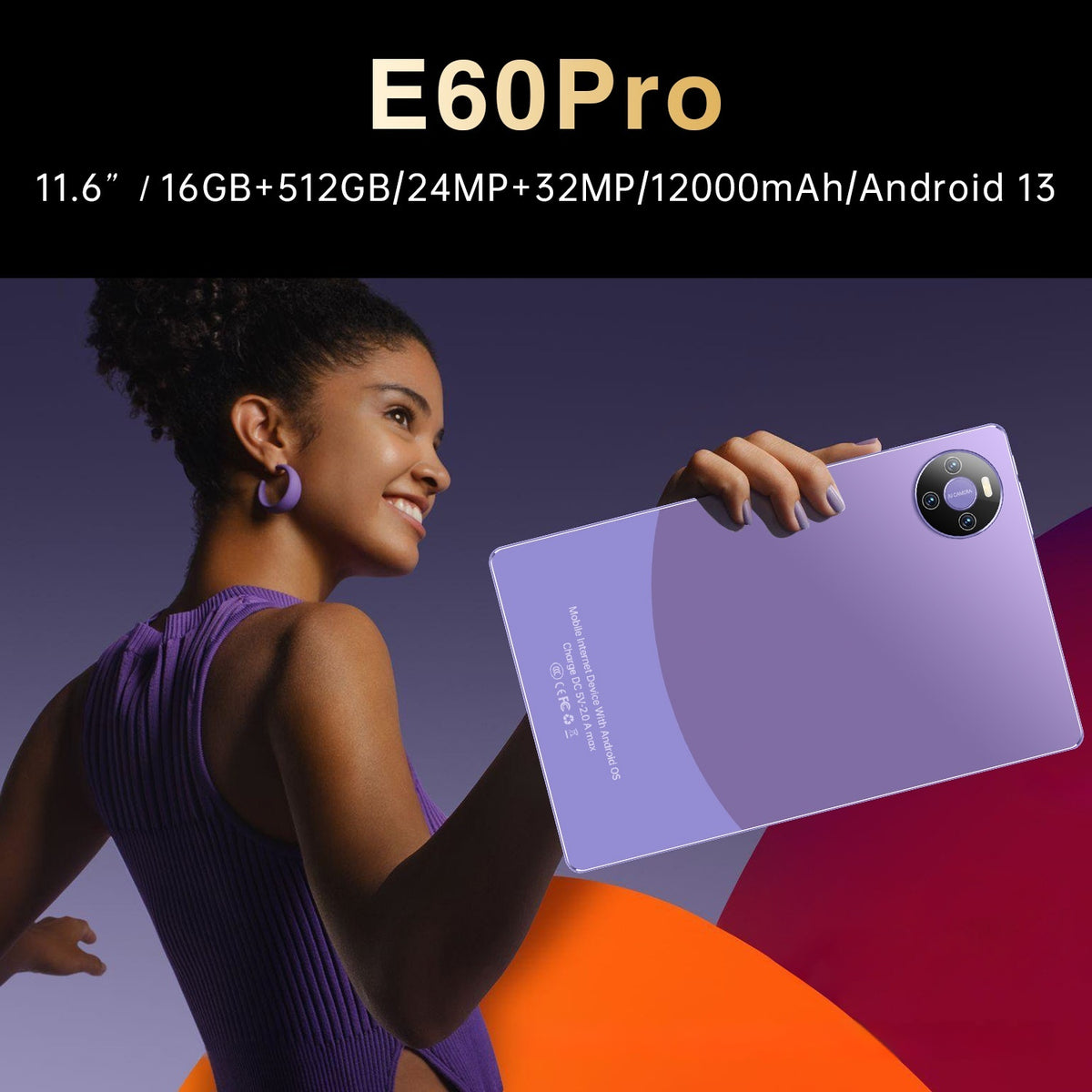Woman holding a tablet with product specifications displayed above