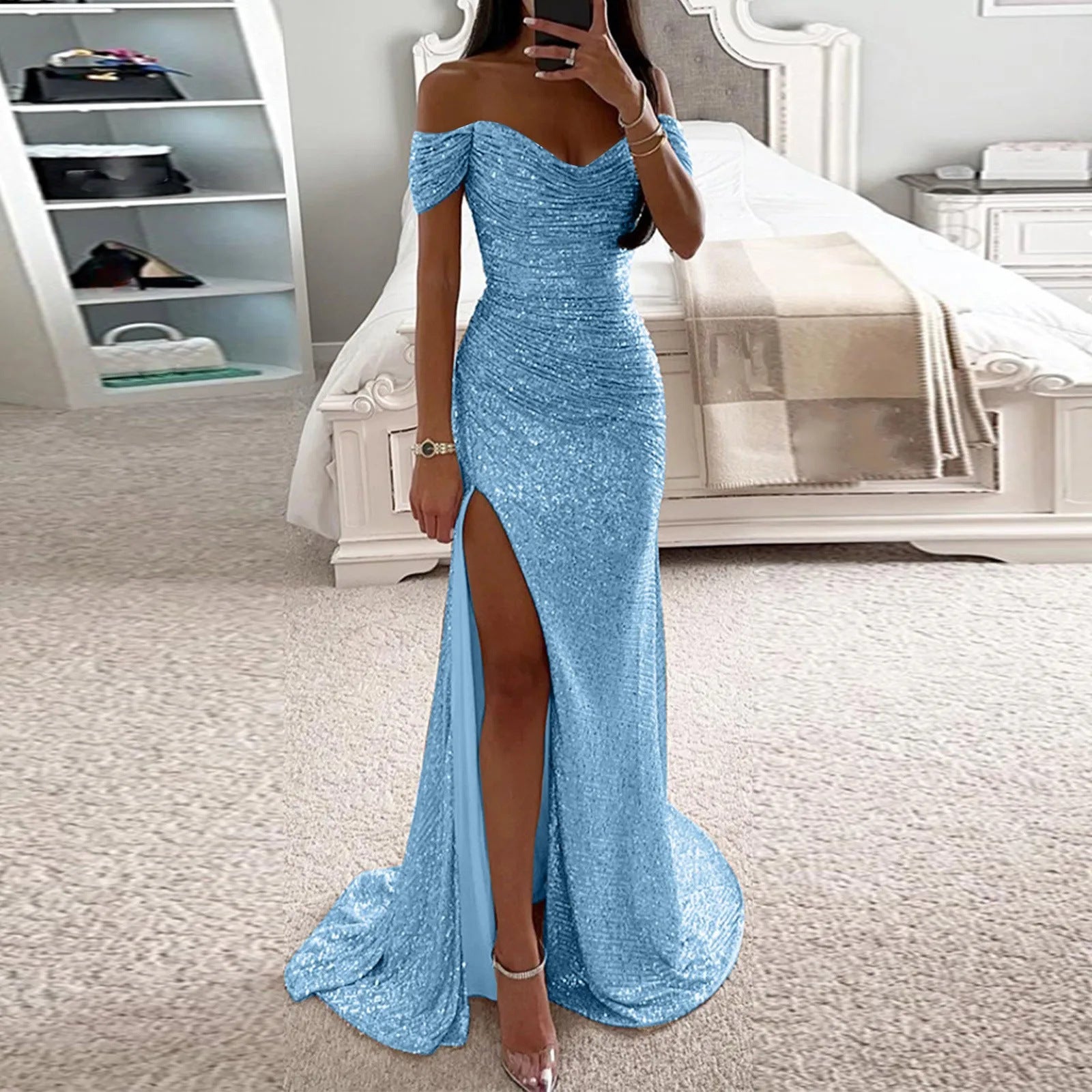 “Adeline Sparkling Slit Dress – women’s elegant evening dress with shimmering fabric and side slit for special occasions – Hot Deal Warehouse fashion”

