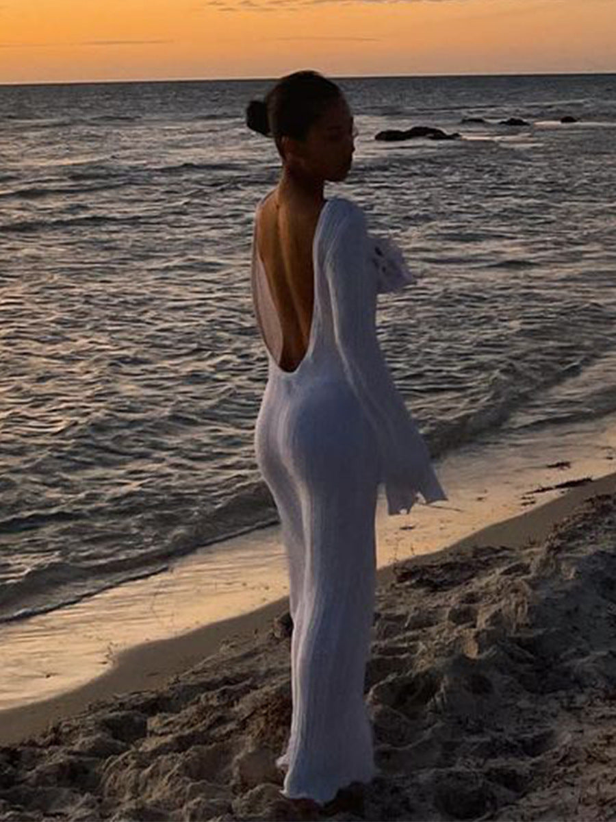 Fashion slim long-sleeved ruffled long dress, backless sexy hip-wrapped knitted maxi dress for women, perfect for parties and beach events.

