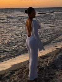 Fashion slim long-sleeved ruffled long dress, backless sexy hip-wrapped knitted maxi dress for women, perfect for parties and beach events.

