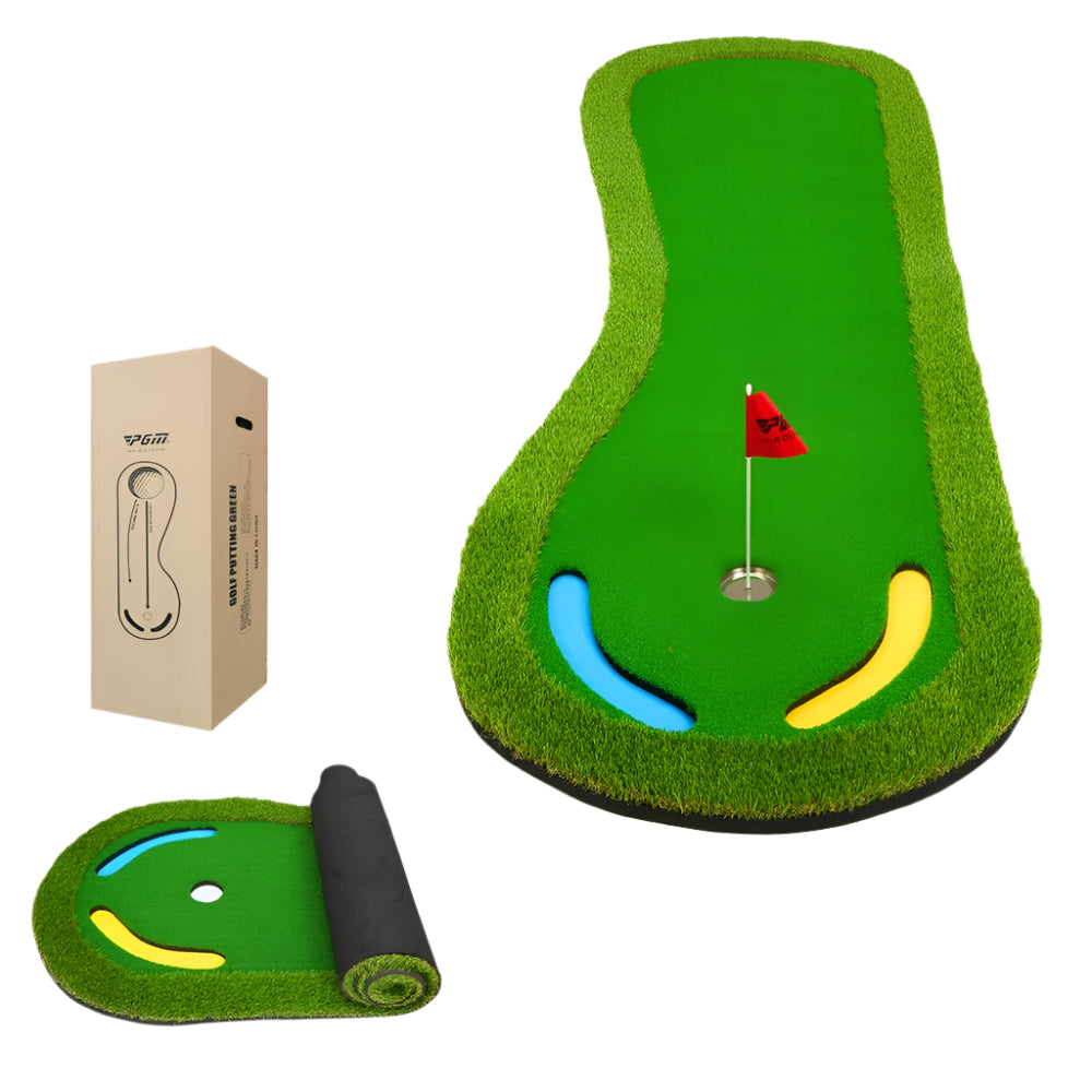 Indoor putting mat with realistic turf and alignment guides for golf practice at home or office.

