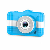 A bright blue and white toy camera with a large silver lens, shown on a clean white background.