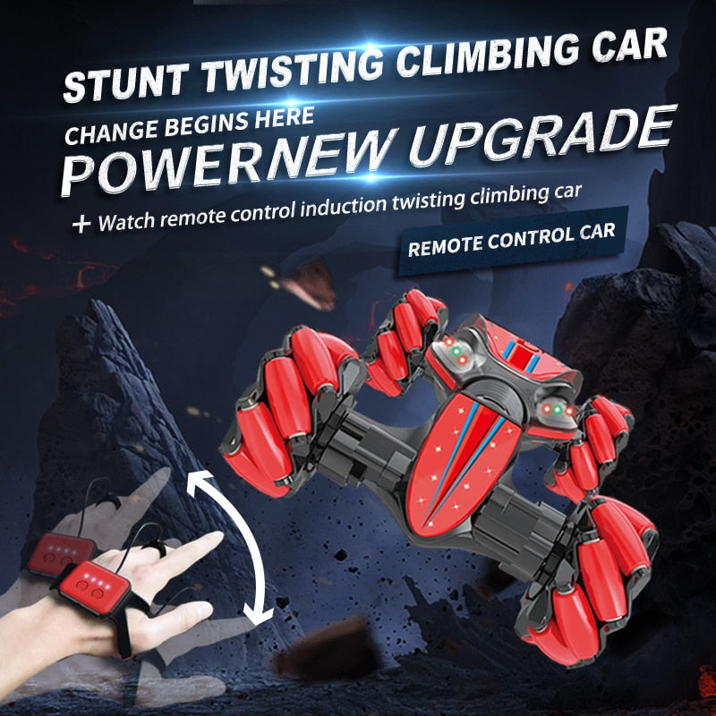 Remote control stunt car with 360-degree spinning capability, flashing LED lights, and durable off-road tires, designed for kids to perform flips, tricks, and high-speed maneuvers