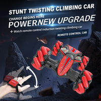 Remote control stunt car with 360-degree spinning capability, flashing LED lights, and durable off-road tires, designed for kids to perform flips, tricks, and high-speed maneuvers