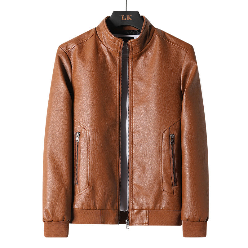 Plus Size Men's Simplicity Leather Coat – Black PU leather jacket with a sleek zipper closure, offering comfort and style for all body types.








