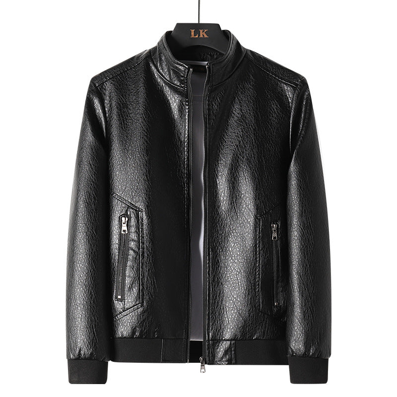 Plus Size Men's Simplicity Leather Coat – Black PU leather jacket with a sleek zipper closure, offering comfort and style for all body types.








