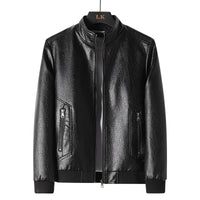 Plus Size Men's Simplicity Leather Coat – Black PU leather jacket with a sleek zipper closure, offering comfort and style for all body types.








