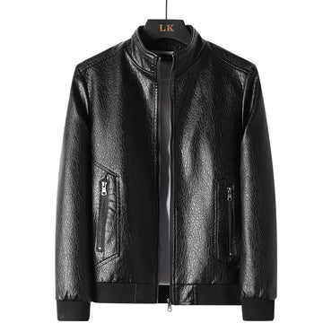 Plus Size Men's Simplicity Leather Coat – Black PU leather jacket with a sleek zipper closure, offering comfort and style for all body types.








