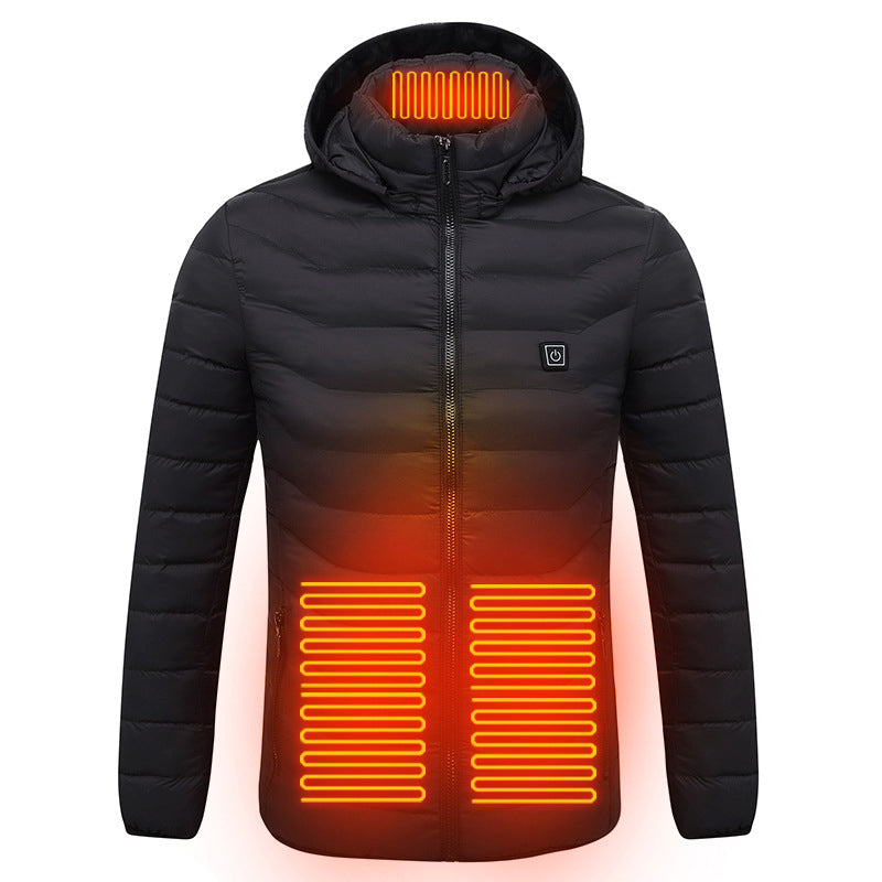 Men's and women's USB heated jacket with hoodie, front view

