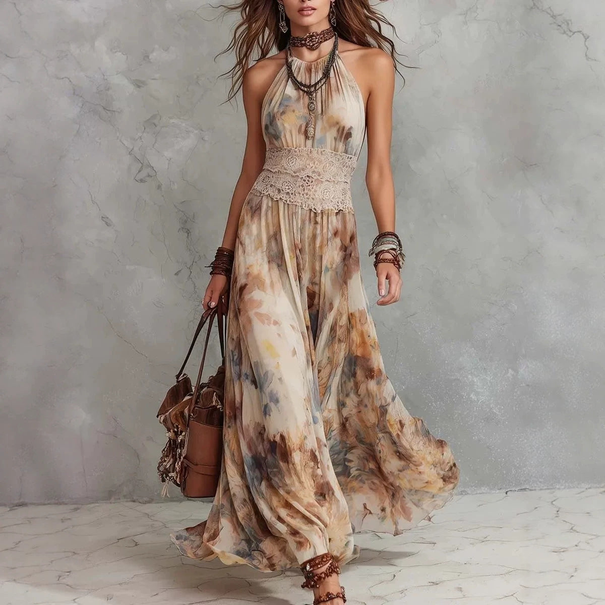 French vintage women's floral maxi dress with strapless backless design for summer beach vacations