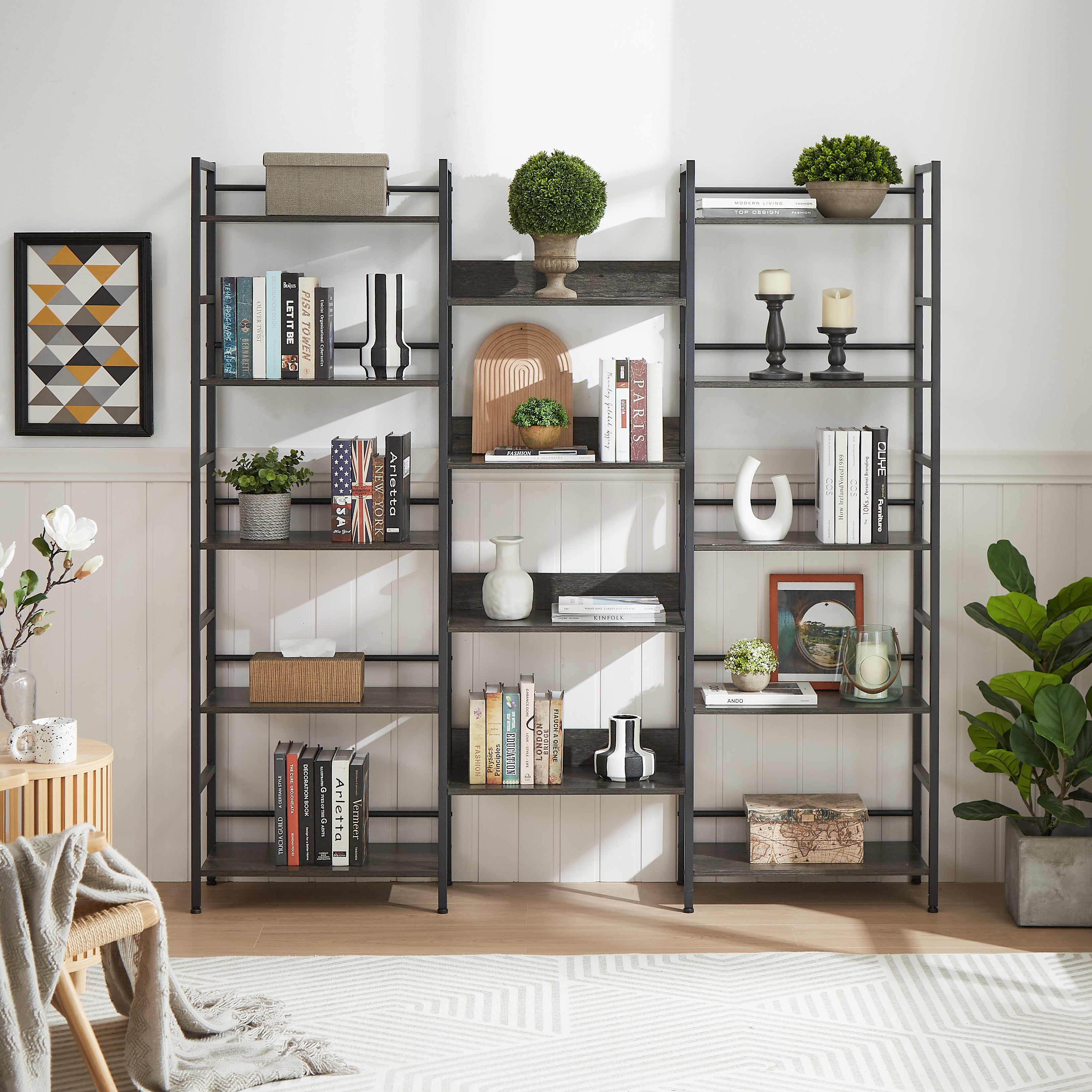 Triple wide 5-shelf bookshelf offering ample storage space with a sturdy design. Features five spacious shelves for organizing books, decor, and more, perfect for living rooms, offices, or libraries. Stylish and functional for both modern and traditional interiors.