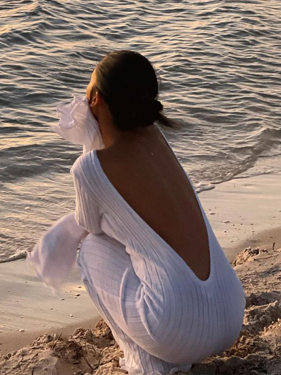 Fashion slim long-sleeved ruffled long dress, backless sexy hip-wrapped knitted maxi dress for women, perfect for parties and beach events.

