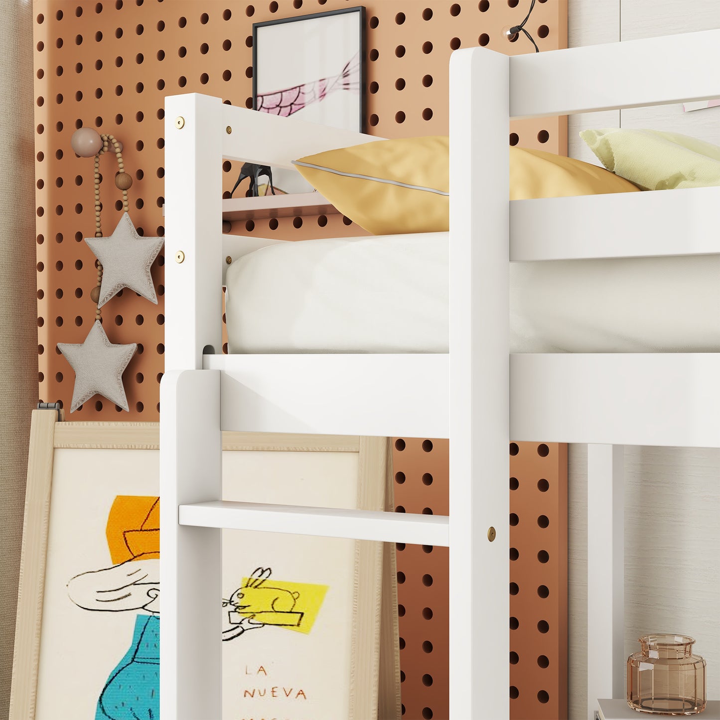 Full view of white twin loft bed with built-in desk and drawers underneath


