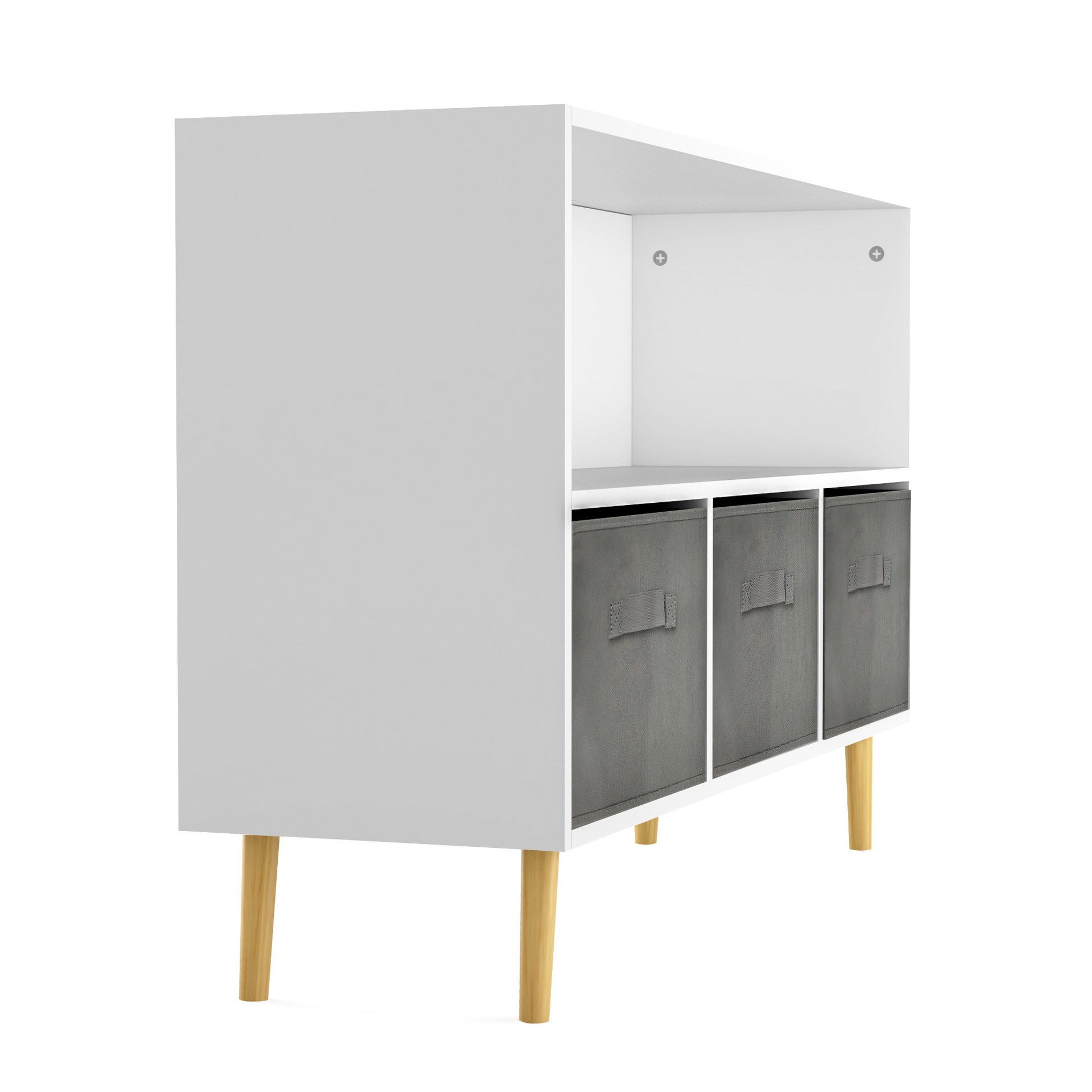 White kids bookcase with gray fabric drawers and books displayed