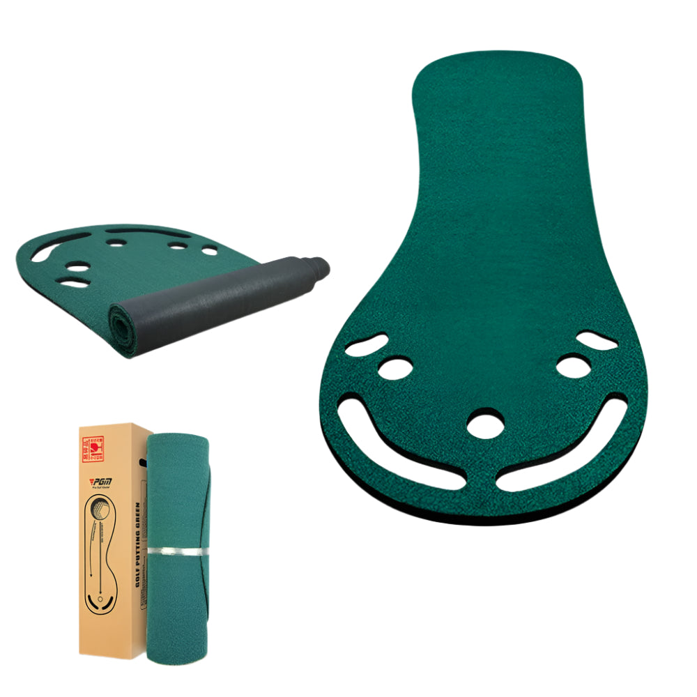 Indoor putting mat with realistic turf and alignment guides for golf practice at home or office.

