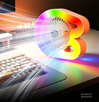 A 3D letter 'B' shaped desk fan with a rainbow gradient LED light, shown illuminated and casting colorful light rays on a desk next to a keyboard.