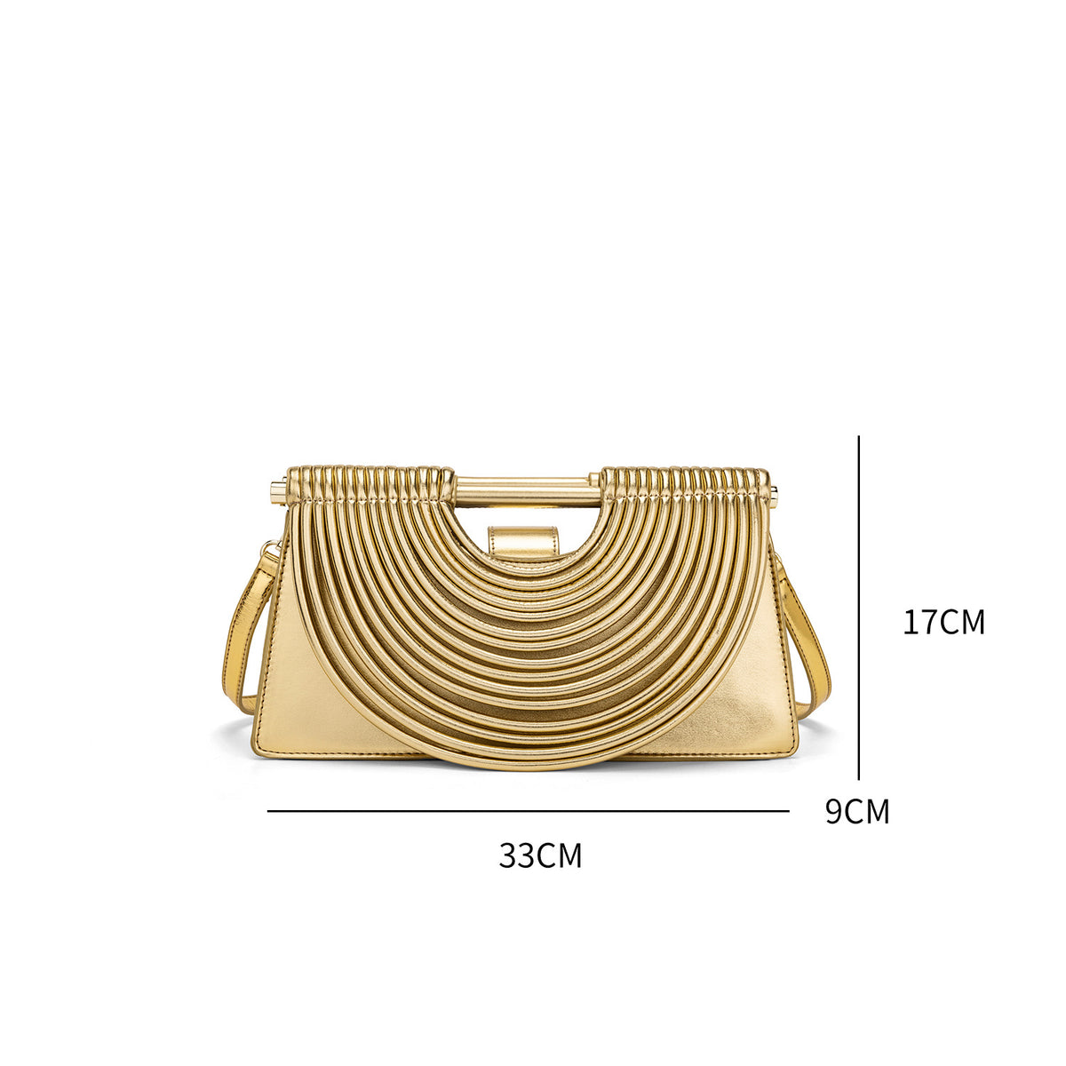 A gold metallic clutch handbag with a pleated semi-circular design, shown with dimension lines indicating measurements of 33cm width, 17cm height, and 9cm depth on a white background.