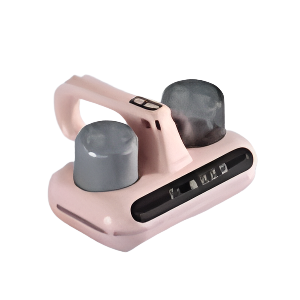 Cordless handheld mattress vacuum being used on a white bed