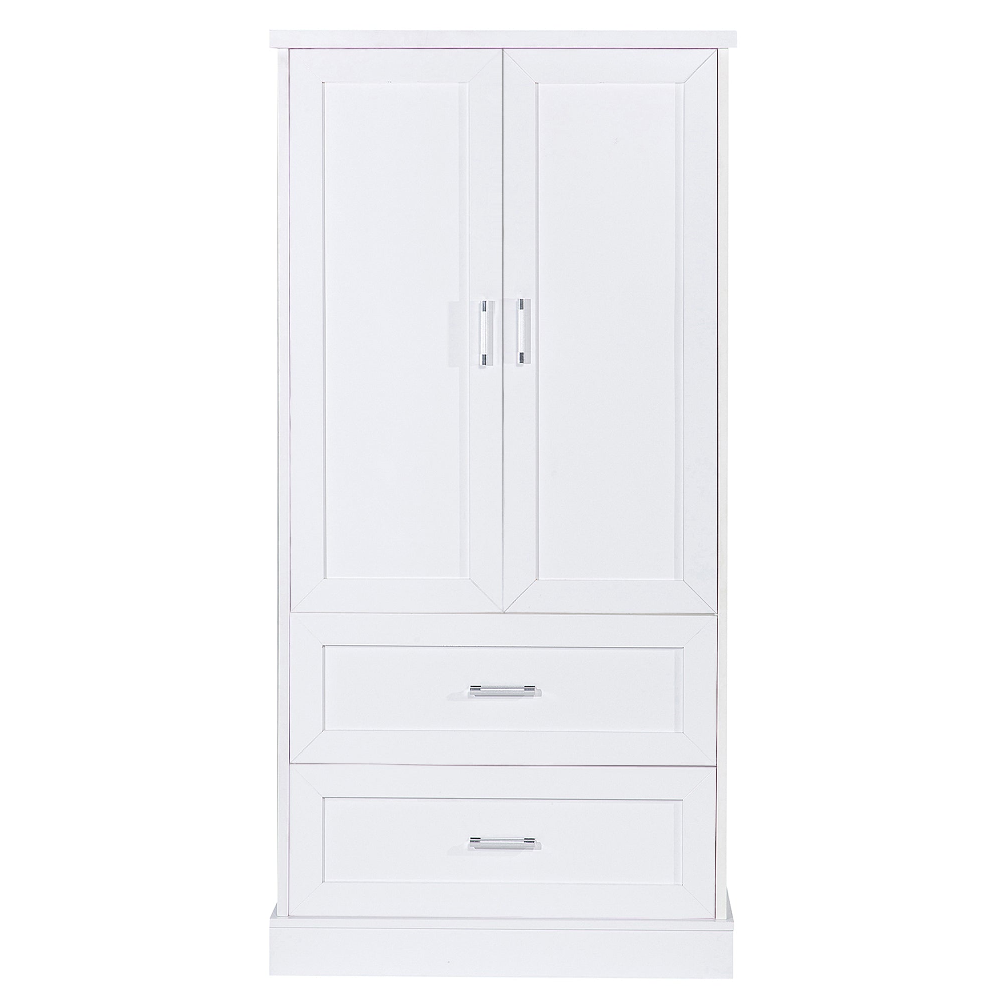 Tall white bathroom cabinet with drawers and double doors