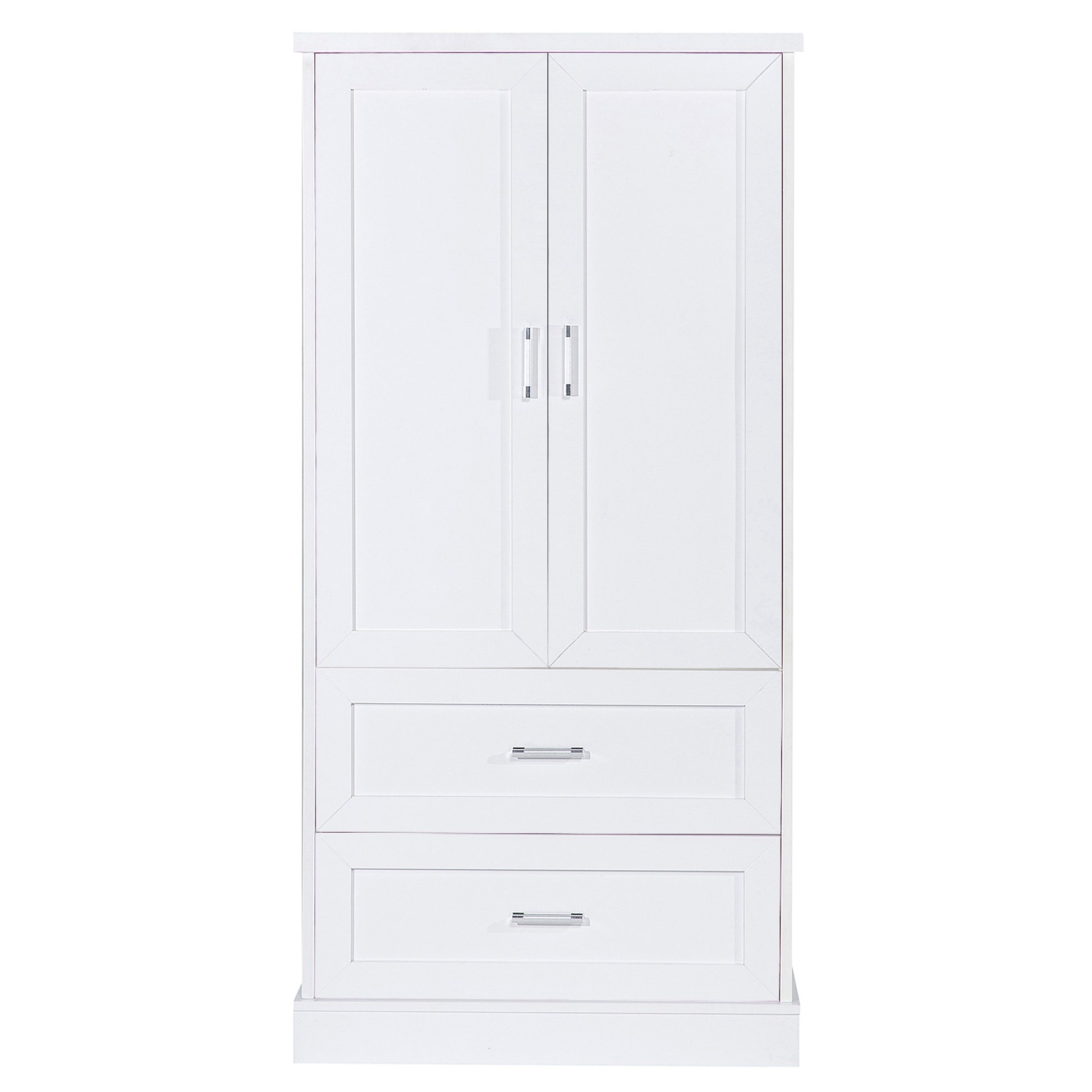Tall white bathroom cabinet with drawers and double doors