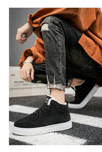 Plus size men’s high-top winter fleece-lined casual sports cotton shoes in neutral tones.

