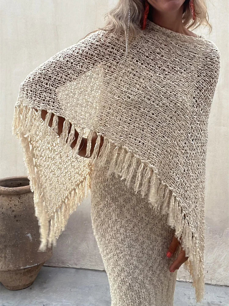 Bohemian Bat Sleeve Tassel Knit Hoodie Cape for Women – Oversized Pullover Sweater

