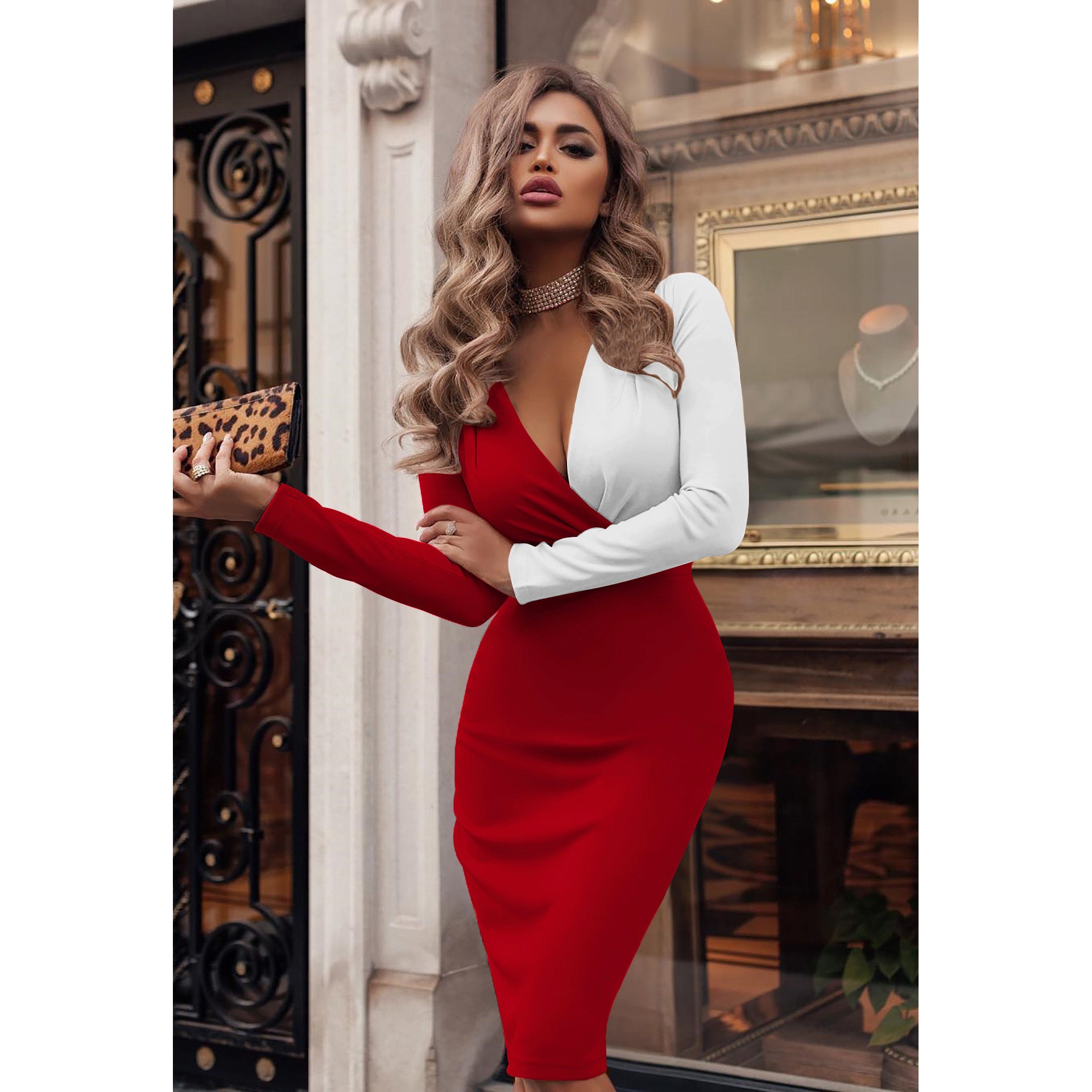 “Emilia Deep V Pleated Long Sleeve Dress – elegant women’s dress with a deep v-neck and pleated long sleeves, perfect for special occasions and evening events – Hot Deal Warehouse fashion”

