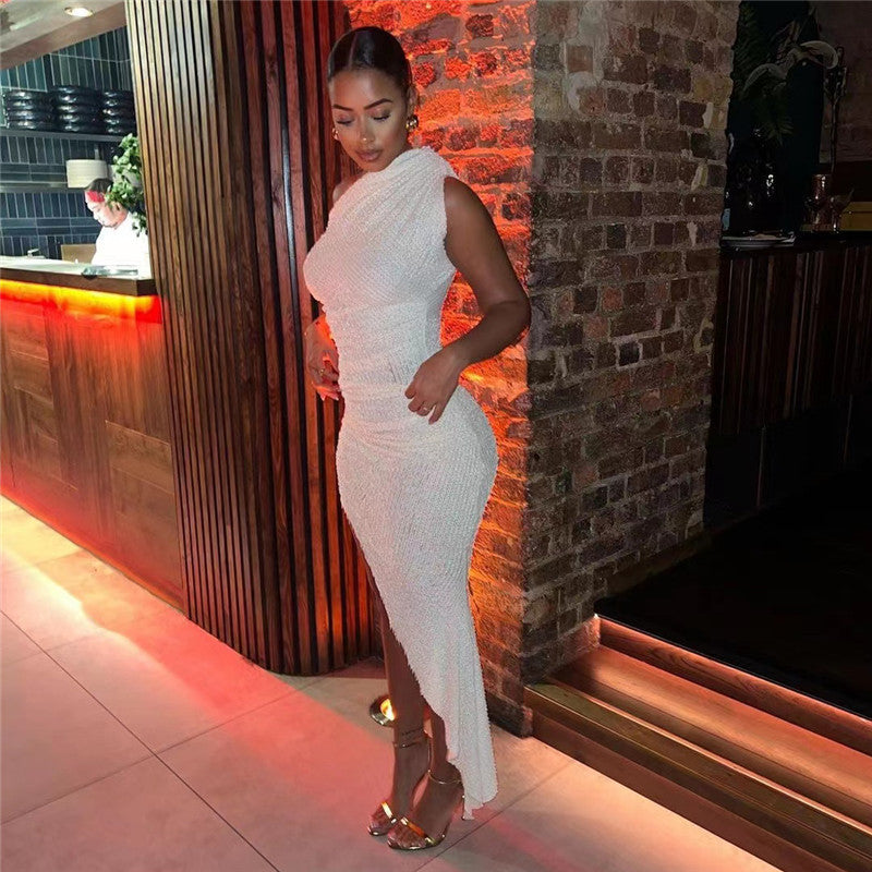 Fashion Shoulder Sleeve Irregular Hem Dress – Stylish Evening Wear with Trendy Shoulder Sleeves.








