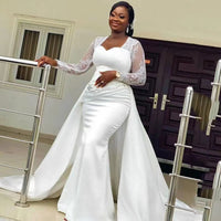 Elegant slim high waist white satin wedding dress with a sleek silhouette, ideal for bridal parties and wedding ceremonies.

