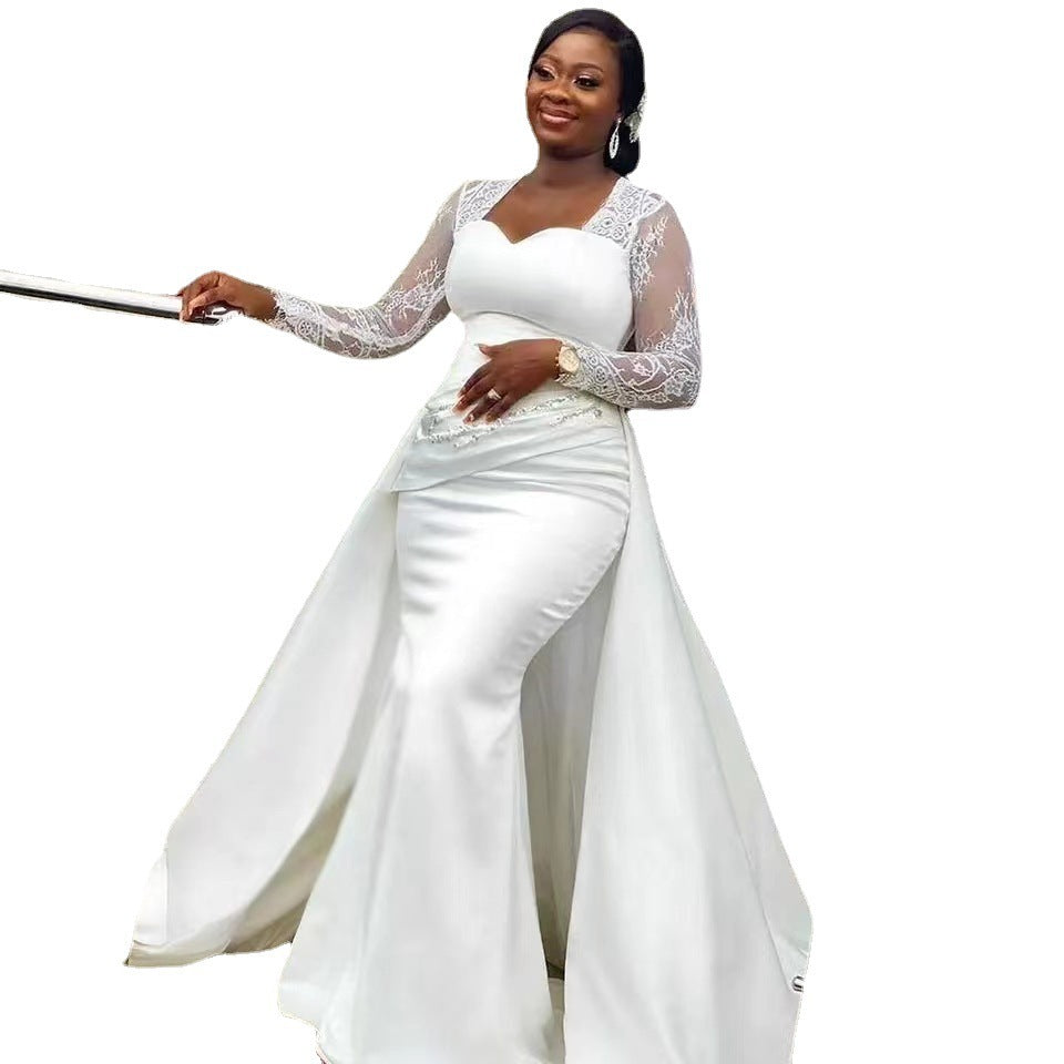 Elegant slim high waist white satin wedding dress with a sleek silhouette, ideal for bridal parties and wedding ceremonies.

