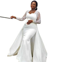 Elegant slim high waist white satin wedding dress with a sleek silhouette, ideal for bridal parties and wedding ceremonies.

