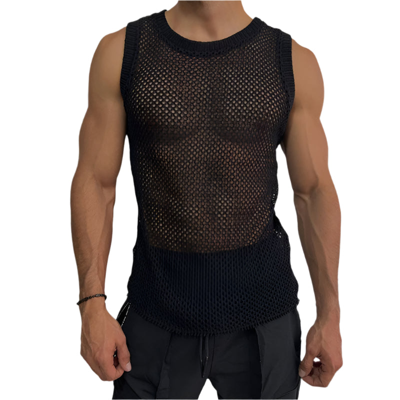 Solid Color Round Neck Sleeveless Hollow Knitted Vest in lightweight, breathable fabric for a stylish and comfortable fit.