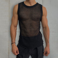 Solid Color Round Neck Sleeveless Hollow Knitted Vest Black