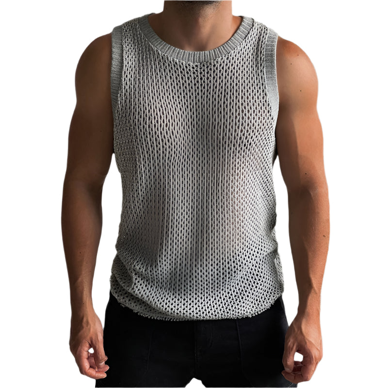 Solid Color Round Neck Sleeveless Hollow Knitted Vest in lightweight, breathable fabric for a stylish and comfortable fit.